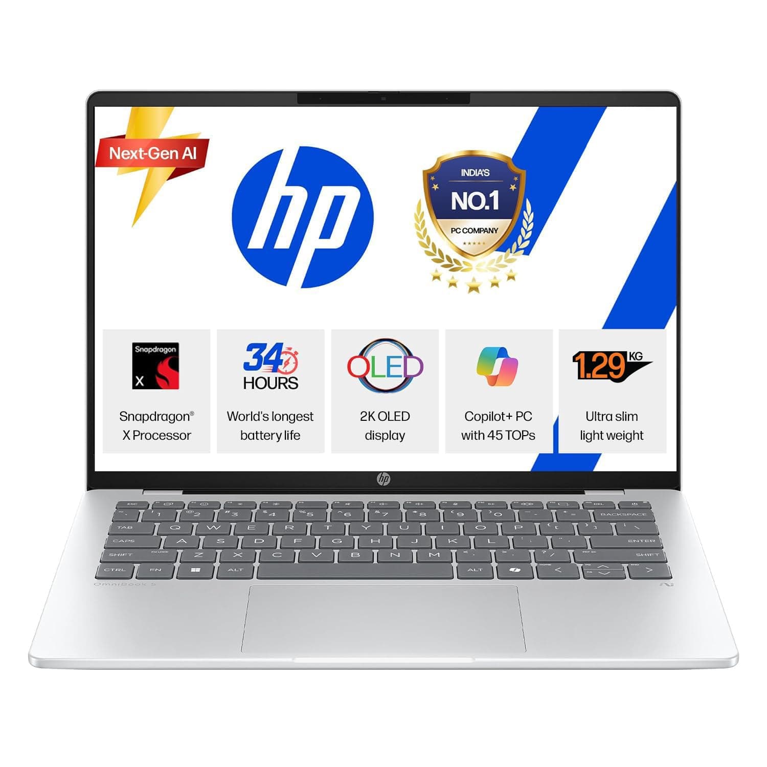 HP OmniBook 5 OLED (Previously Pavilion), Snapdragon X Processor 45 Tops (16GB LPDDR5x, 512GB SSD), 2K 14''/35.6cm, Win11, Office24, Silver, 1.29kg, he0014QU, Multi-Day Battery, AI Laptop