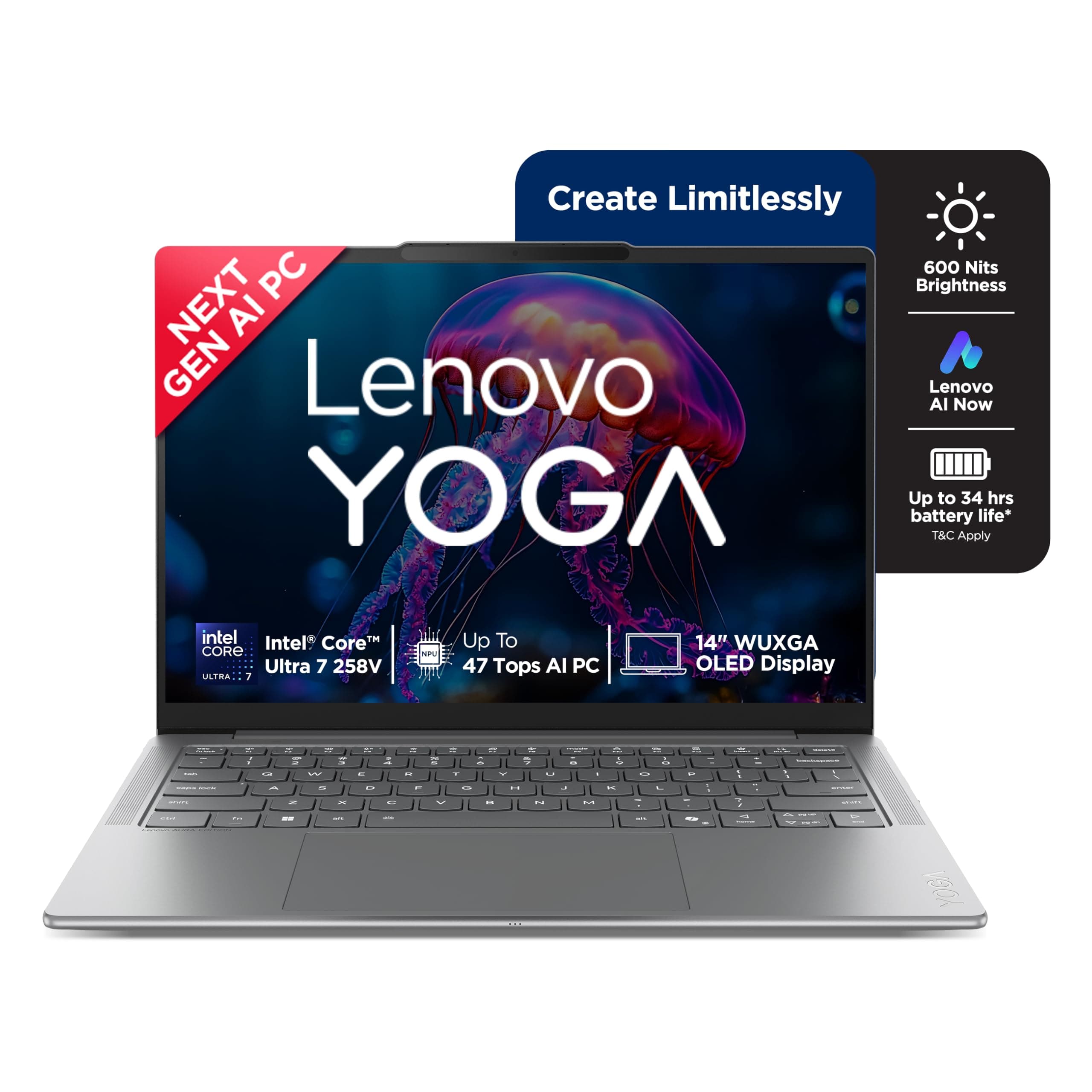 Lenovo Yoga Slim 7 AI Laptop PC 2025 Aura Edition, Intel Core Ultra 7 258V, 32GB RAM, 1TB SSD, OLED, Copilot AI Now, 47 Tops, 14"/35.5cm, Win 11, Office 24,Grey, 1.2 Kg, 83JX001MIN, AI Laptop