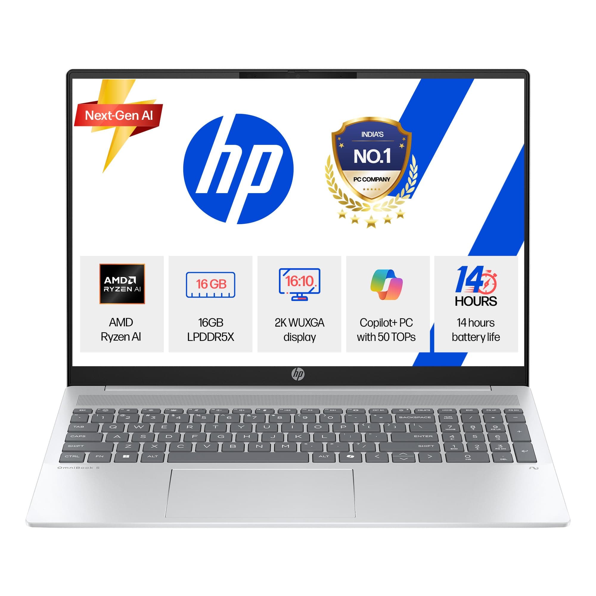 HP Smartchoice OmniBook 5 (Previously Pavilion) 50 Tops, AMD Ryzen AI 5 340 (16GB LPDDR5X, 512GB SSD) WUXGA 2K, 16''/40.6cm, Win11, Office24, Silver, 1.79kg, ag1037au, Type-C Charging, AI Laptop image 1