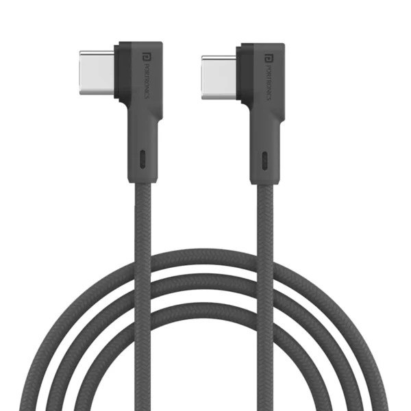 Portronics KONNECT L POR1441 Type-C to Type-C Cable – 60W PD Fast Charging, L-Shape Connector, 1.2m Braided, Black