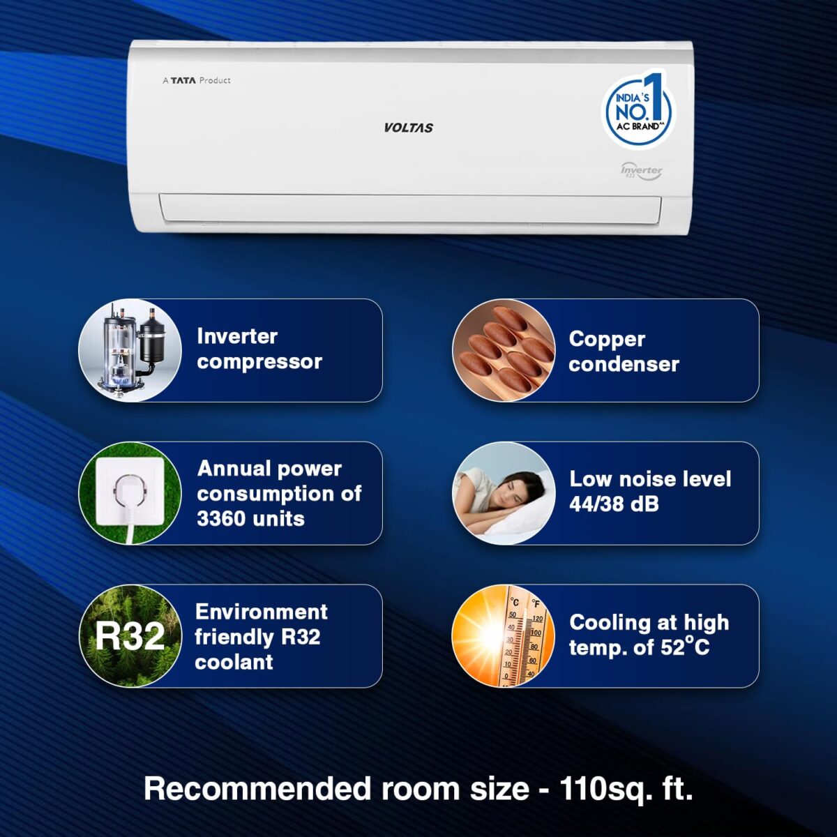 Voltas 123V Vectra Elite 1 Ton 3‑Star Inverter Split AC – 4‑in‑1 Adjustable | Turbo | Copper Coils | Stabilizer‑Free - Image 10