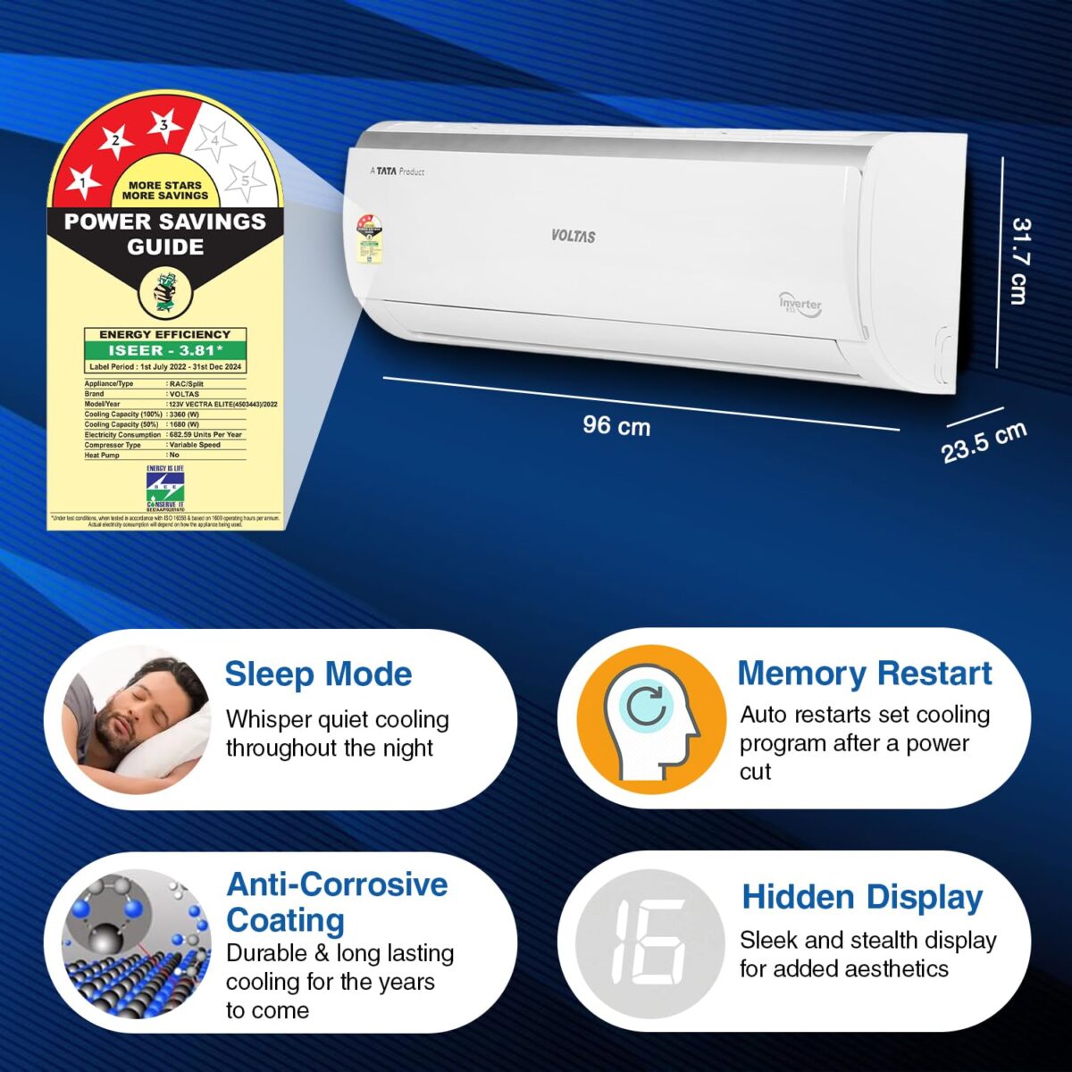 Voltas 123V Vectra Elite 1 Ton 3‑Star Inverter Split AC – 4‑in‑1 Adjustable | Turbo | Copper Coils | Stabilizer‑Free - Image 5